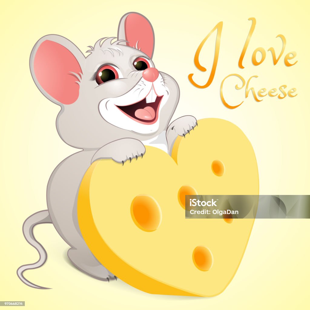 White mouse with a piece of cheese White mice with cheese in the form of heart and the inscription I love . Greeting card on Valentine s Day. A smiling rodent loves cheese. Isolated on a yellow background. Banner. Vector illustration. Animal stock vector