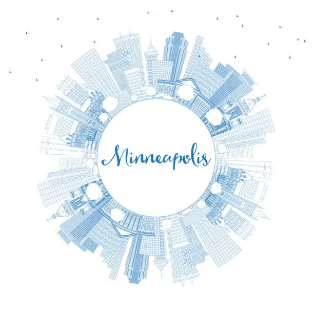 Vector illustration of Outline Minneapolis Minnesota Skyline with Blue Buildings and Copy Space.