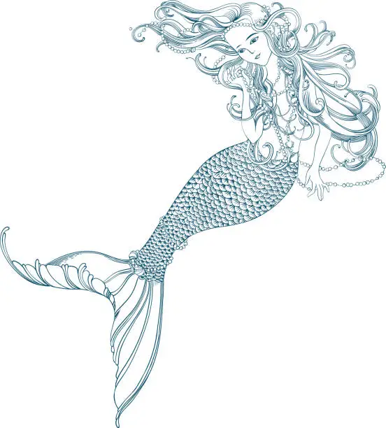 Vector illustration of beautiful mermaid with long hair and pearly beads