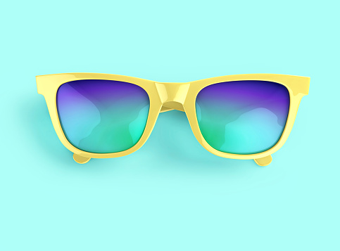 Yellow sunglasses with multicolor lenses on blue background. 3D rendering with clipping path