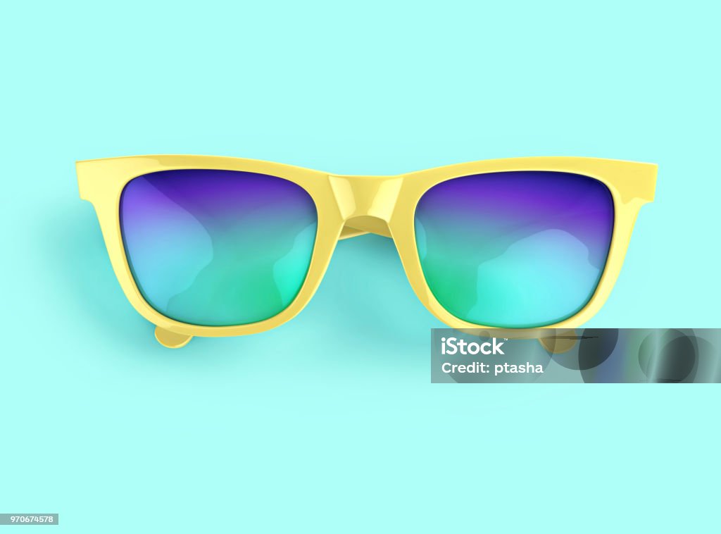 Yellow sunglasses with multicolor lenses Yellow sunglasses with multicolor lenses on blue background. 3D rendering with clipping path Sunglasses Stock Photo