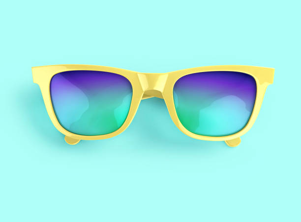 Yellow sunglasses with multicolor lenses Yellow sunglasses with multicolor lenses on blue background. 3D rendering with clipping path multi coloured glasses stock pictures, royalty-free photos & images