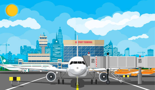 illustrazioni stock, clip art, cartoni animati e icone di tendenza di aereo prima del decollo - airport window outdoors airfield