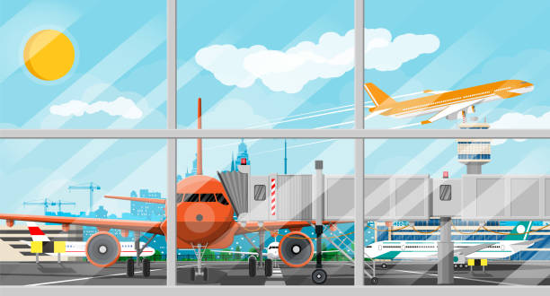 ilustraciones, imágenes clip art, dibujos animados e iconos de stock de avión antes del despegue - takeoff
