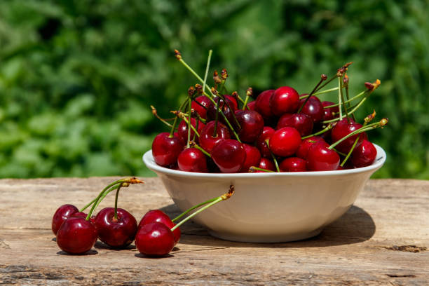 istock Bowl with fresh cherry on rustic wooden table outdoor 970678824