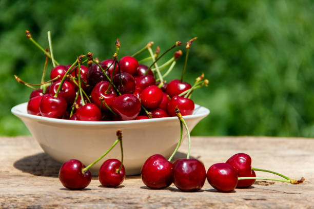 istock Bowl with fresh cherry on rustic wooden table outdoor 970678830