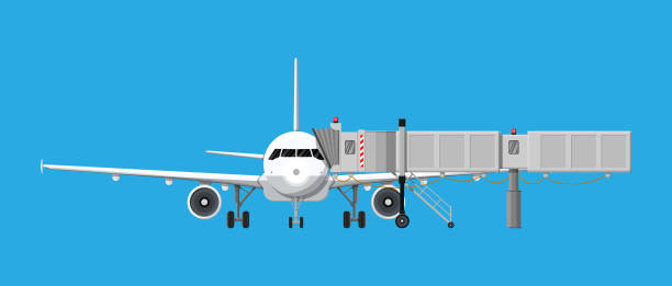 Aero bridge or jetway with aircraft Airplane front view. Passenger or commercial jet with aero bridge or jetway. Telescopic ladder for airport. Ramp, gate, aerobridge. Airport terminal services. Vector illustration in flat style passenger boarding bridge stock illustrations