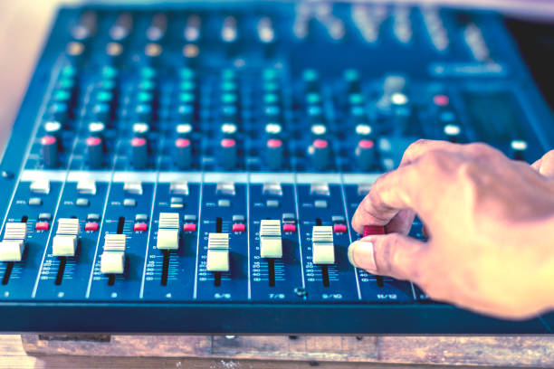 istock Audio mixer console slides. Concept and analog recording. 970732772