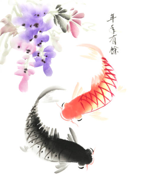 wzór z ręcznie rysowaną rybą koi - taoist charm stock illustrations