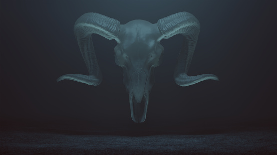 Floating Evil Crystal Ram Skull Spirit in a foggy void 3d Illustration