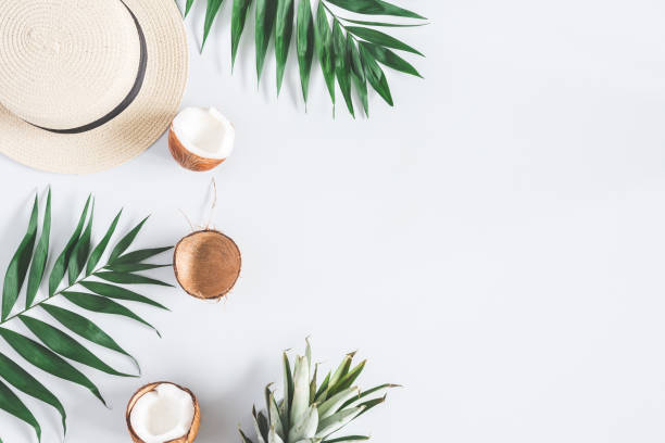 istock Tropical palm leaves, hat, coconut on pastel blue background 970743892
