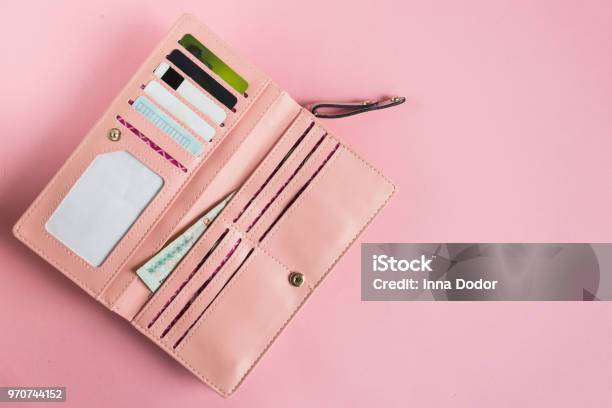 Open Female Pink Wallet Flat Lay Copy Space Stock Photo - Download Image Now - Wallet, Open, Purse