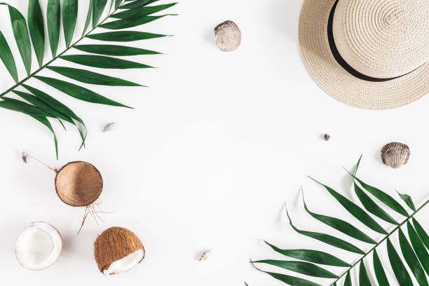 istock Tropical palm leaves, hat, coconut on white background. Flat lay 970744194