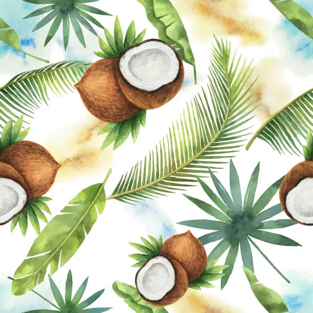 Vector illustration of Watercolor vector seamless pattern of coconut and palm trees isolated on white background.