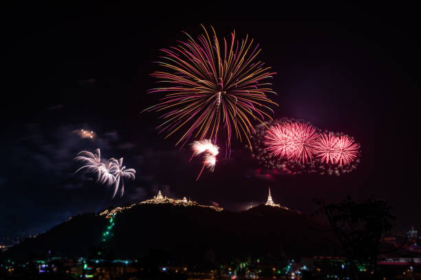 istock Beautiful colorful firework display on dark sky for celebration night 970749190