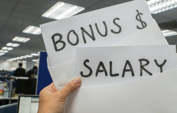 finance concept - employee is happy after yearly bonus and new salary stock photo
