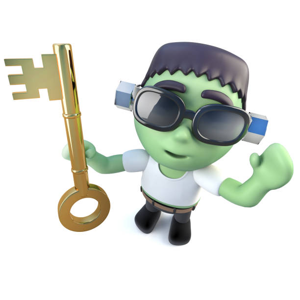 istock 3d Funny cartoon frankenstein monster character holding a gold key 970754100