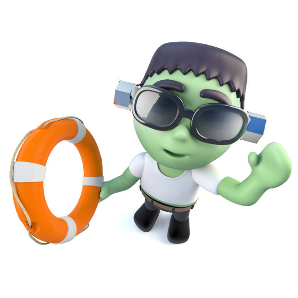 istock 3d Funny cartoon frankenstein monster character holding a life ring 970754340