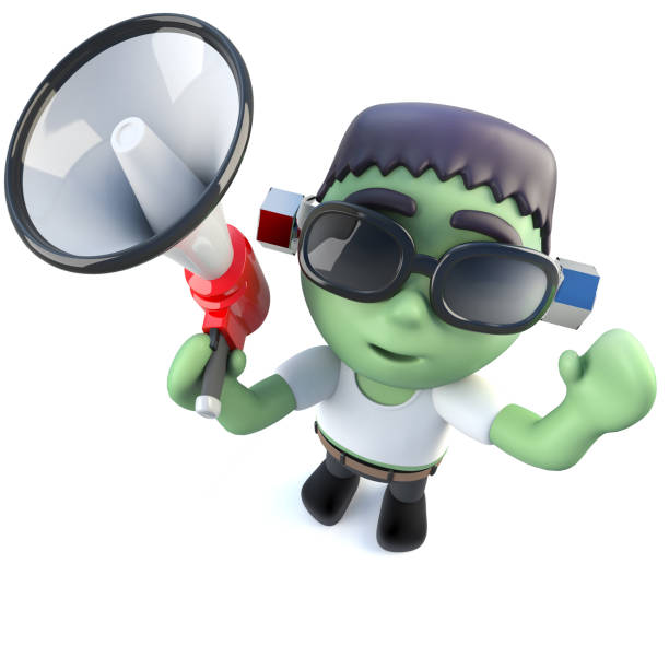 istock 3d Funny cartoon frankenstein monster character using a megaphone 970756610