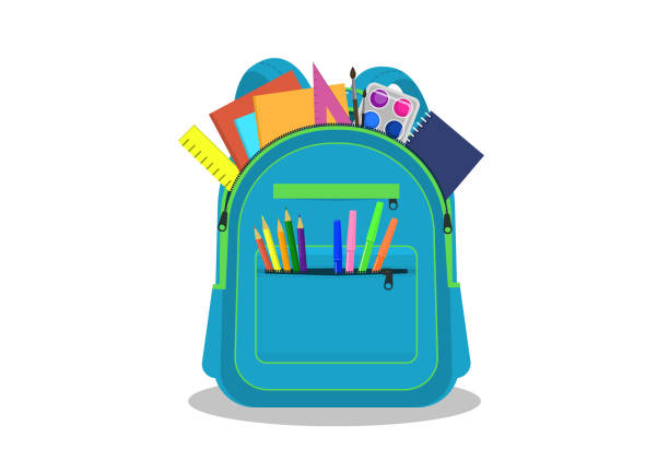 ilustrações, clipart, desenhos animados e ícones de mochila de escola aberta com suprimentos. - mala