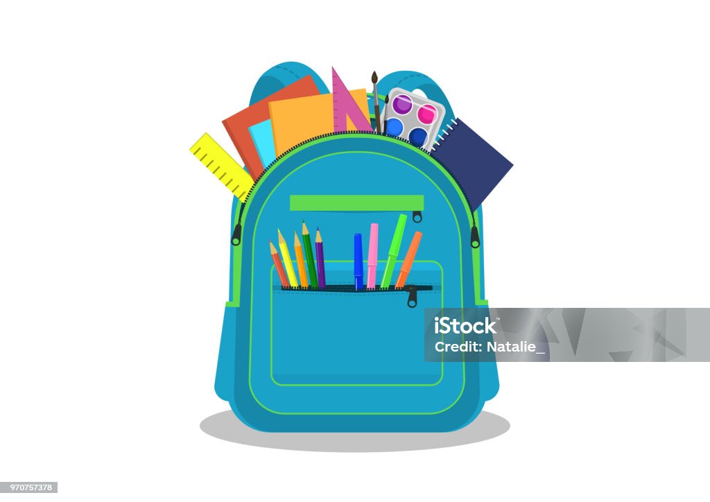 Open school backpack with supplies. School backpack with stationery on white background. Vector illustration. Backpack stock vector