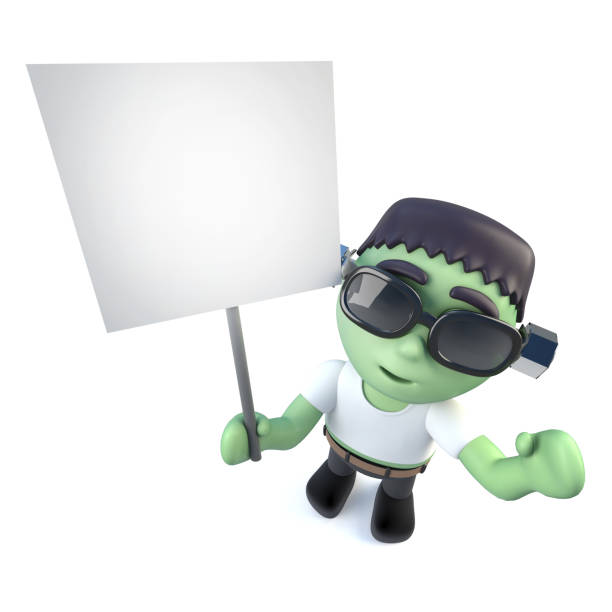 istock 3d Funny cartoon frankenstein monster character holding a placard 970757592