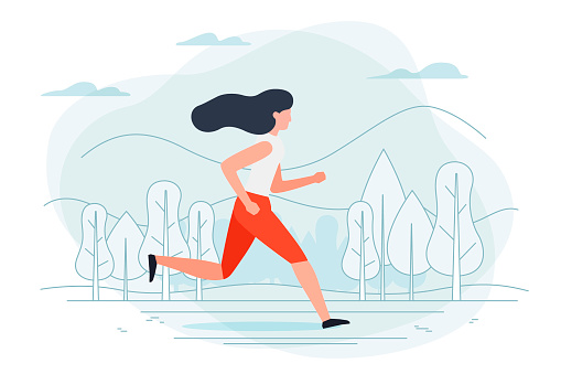 Vector illustration - running girl. Park, forest, trees and hills on background. Banner, poster template with place for your text.