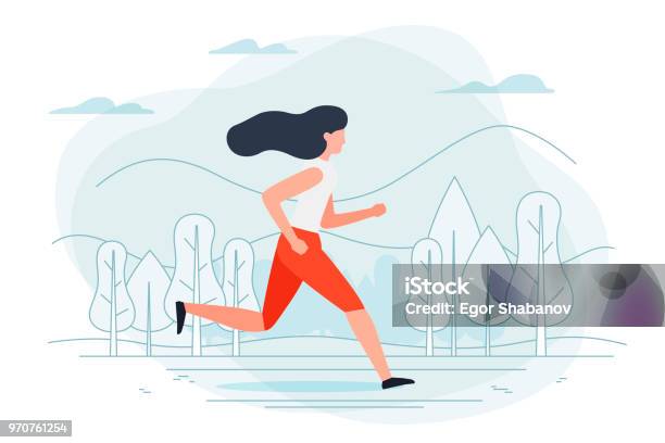 Vector Running Girl Park Forest Trees Stock Illustration - Download Image Now - Running, Women, Exercising