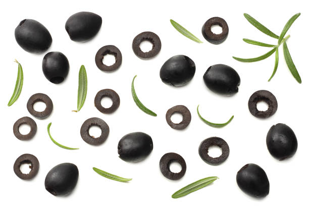 Marinated black olives with rosemary isolated on white background. top view