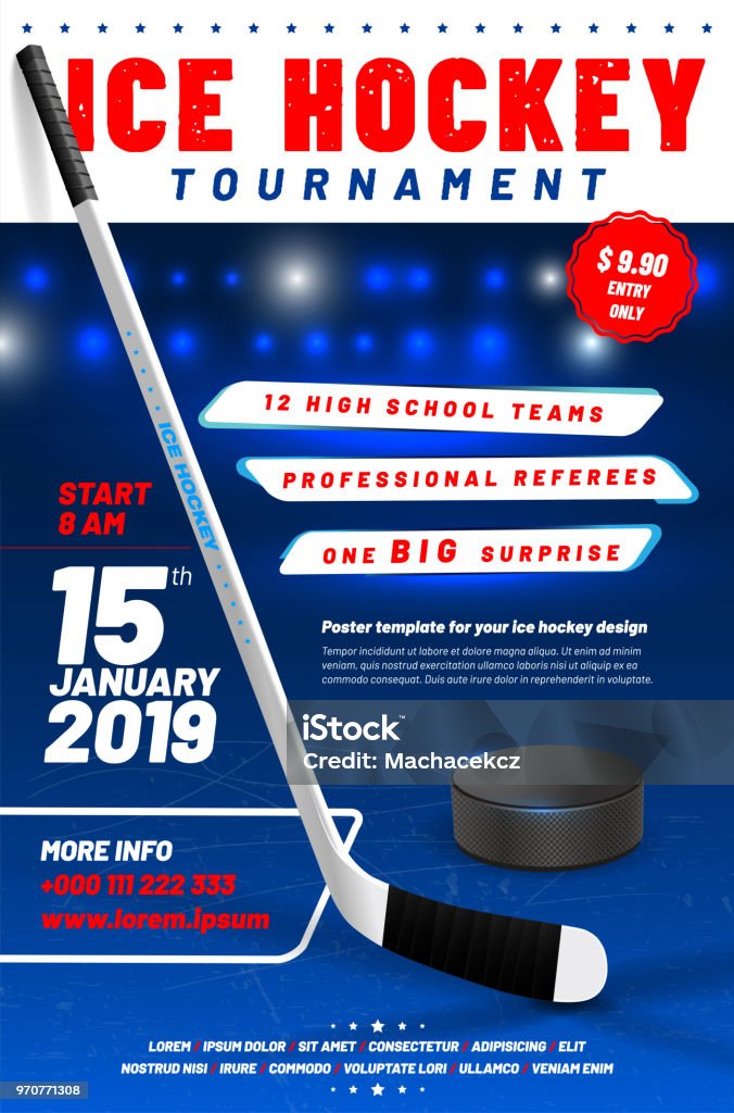 Ice hockey tournament poster template with stick and puck Ice hockey tournament poster template with stick and puck and sample text in separate layer- vector illustration Hockey stock vector