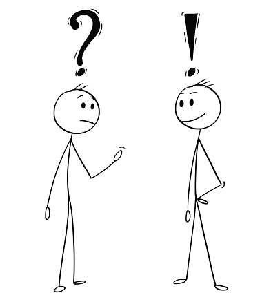 Cartoon stick man drawing conceptual illustration of two men or businessmen talking. One with question mark above head and second with exclamation symbol.