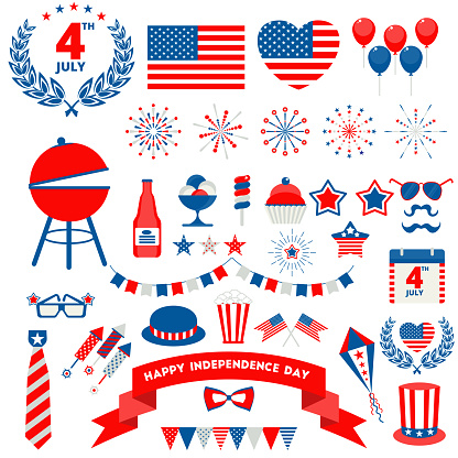 Flat vector icons set for Independence day of USA, july fourth celebration party. Objects isolated on a white background.