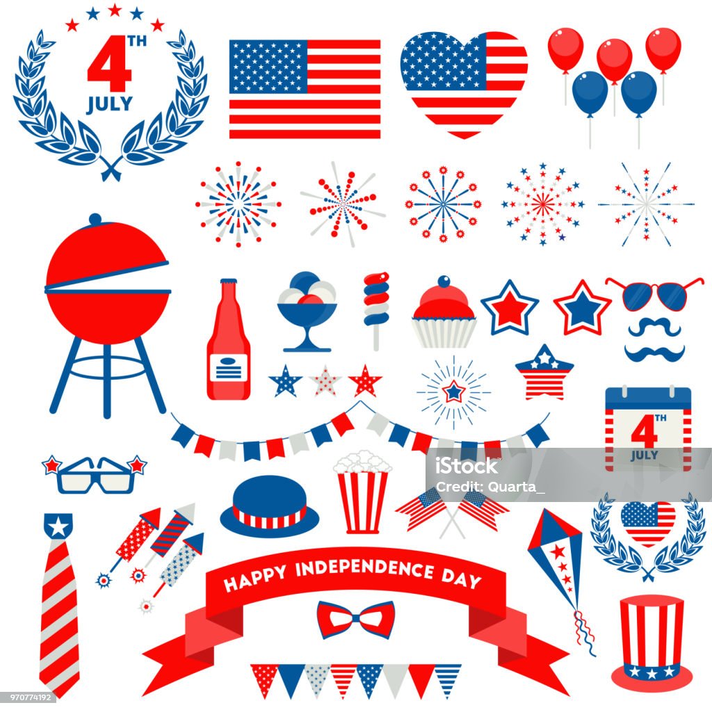 july fourth badge icons set Flat vector icons set for Independence day of USA, july fourth celebration party. Objects isolated on a white background. Fourth of July stock vector