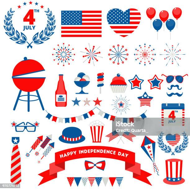 July Fourth Badge Icons Set Stock Illustration - Download Image Now - Fourth of July, Firework - Explosive Material, Vector