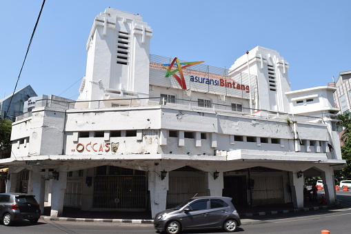 Surabaya, Indonesia - May 1, 2018: Old dutch heritage buildings located in the city center in Tunjungan Road area, Surabaya City, East Java, Indonesia