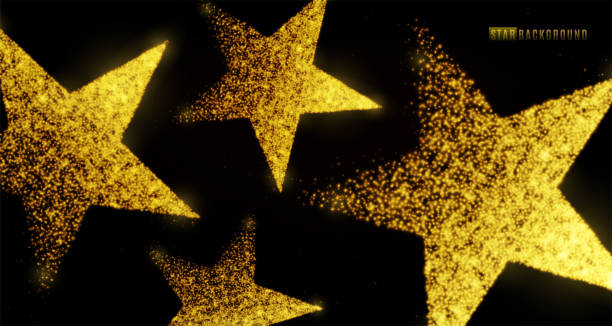 ilustrações de stock, clip art, desenhos animados e ícones de star background design with glowing particles isolated on dark black backdrop. light golden star shapes consist of shine, glitter, glow, spark effect - hollywood