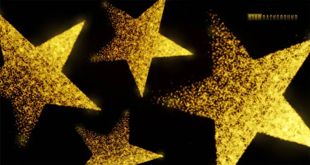 Vector illustration of Star background design with glowing particles isolated on dark black backdrop. Light golden star shapes consist of shine, glitter, glow, spark effect