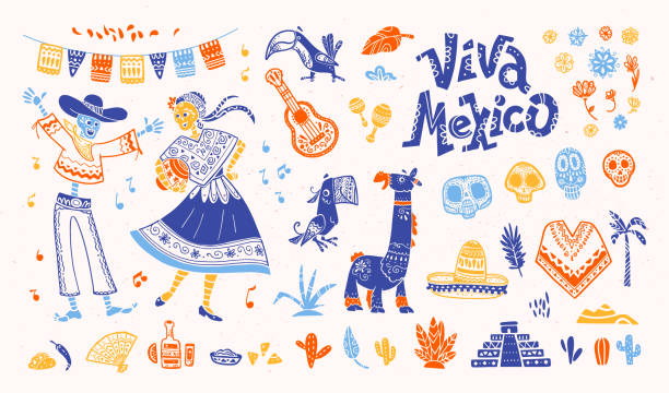 Big vector set of mexico elements, skeleton characters, animals in flat hand drawn style isolated on white background. Big vector set of mexico elements, skeleton characters, animals in flat hand drawn style isolated on white background. Icons for fiesta, celebration, national patterns, decoration, traditional food. mexico illustrations stock illustrations