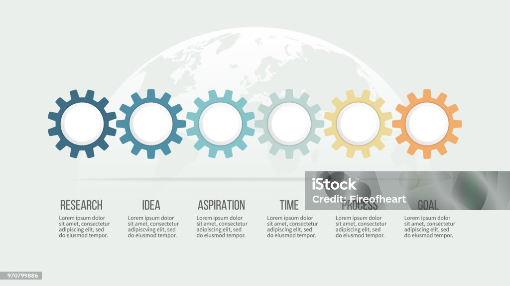 Business infographics. Timeline with 6 steps, options, gears. Vector template. Gear - Mechanism stock vector