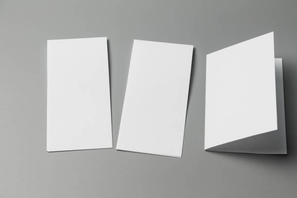 istock Blank portrait changeable background / white paper isolated on gray. identity design, corporate templates, company style, set of booklets, blank white folding paper flyer 970807020