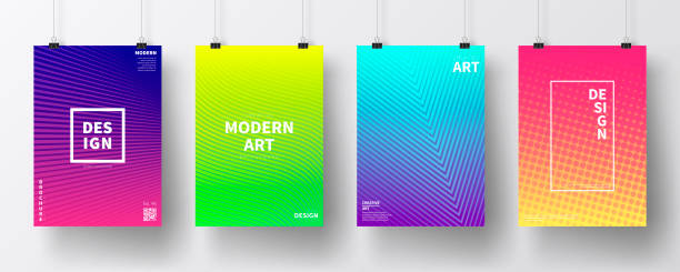 Posters with colorful geometric design, isolated on white background Four realistic posters in vertical position with abstract and colorful geometric backgrounds, isolated on white wall. Modern and trendy background with beautiful color gradients (blue, purple, pink, yellow, green, cyan, red, orange). Template for your design. With space for your text and your background. The layers are named to facilitate your customization. Vector Illustration (EPS10, well layered and grouped). Easy to edit, manipulate, resize or colorize. Please do not hesitate to contact me if you have any questions, or need to customise the illustration. http://www.istockphoto.com/portfolio/bgblue green wall stock illustrations