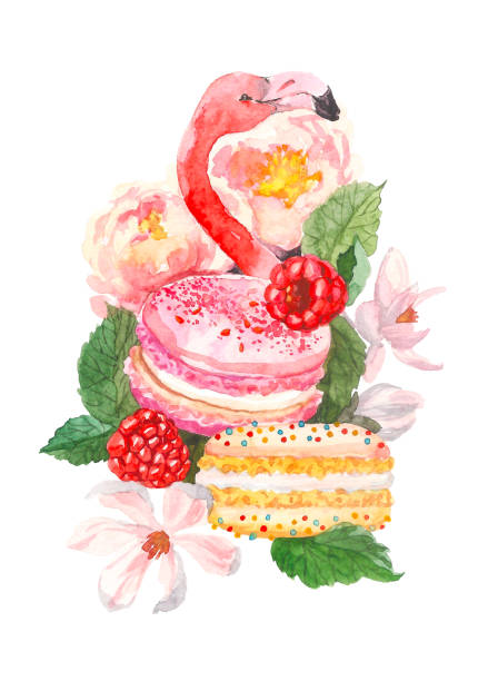 istock Pink flamingo and macaron trendy watercolor illustration on white background. Exotic art background. Sweet desert with raspberries and flowers, tropical bird. Design for fabric, wallpaper, textile and decor. 970809470
