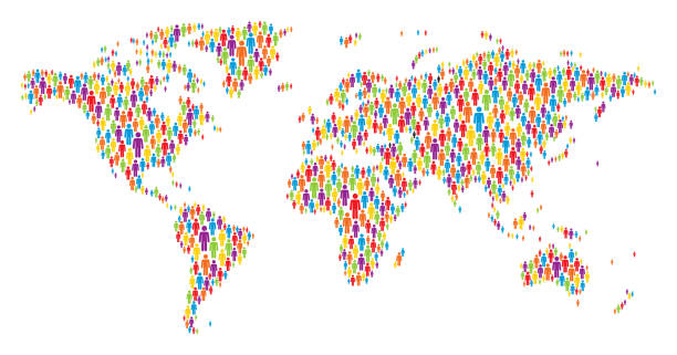 World Map Made of Multicolored Stickman Figures Vector of World Map Made of Multicolored Stickman Figures population explosion stock illustrations