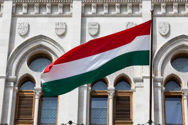 Photo of Hungarian flag at Budapest Parliament