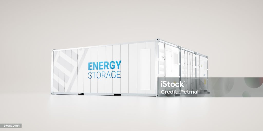 hi-capacity battery energy storage facility made of industrial shipping containers. 3d rendering. Fuel and Power Generation Stock Photo