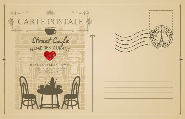 Vintage postcard with French street cafe Retro postcard with French street cafe and old buildings. Romantic vector card in vintage style with place for text and a rubber stamp in form of Eiffel tower eiffel tower restaurant stock illustrations