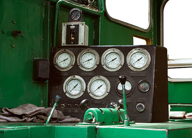 istock Diesel locomotive dashboard in drivers cabin 97083931