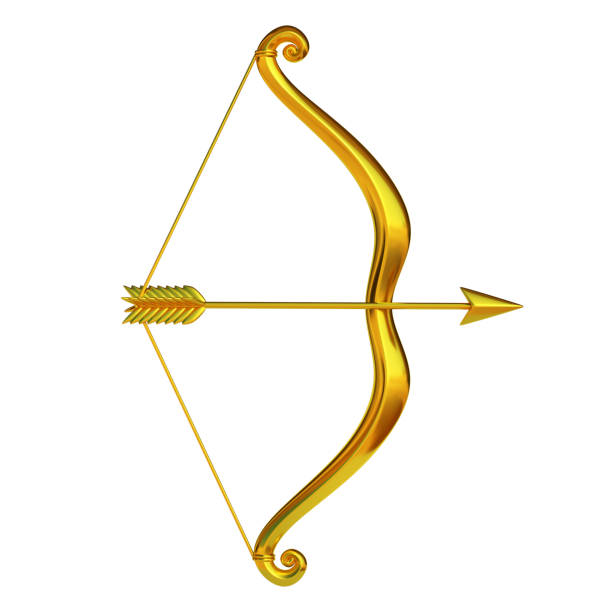 Golden bow and arrow isolated on white background Golden bow and arrow isolated on white background 3d rendering archery bow stock pictures, royalty-free photos & images