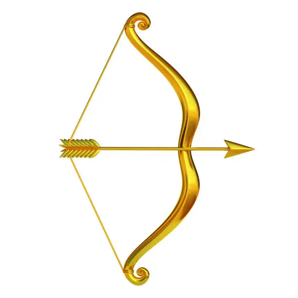 Golden bow and arrow isolated on white background 3d rendering