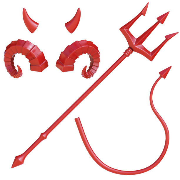 devil's trident, tail and horns design elements, devil costume - trident imagens e fotografias de stock